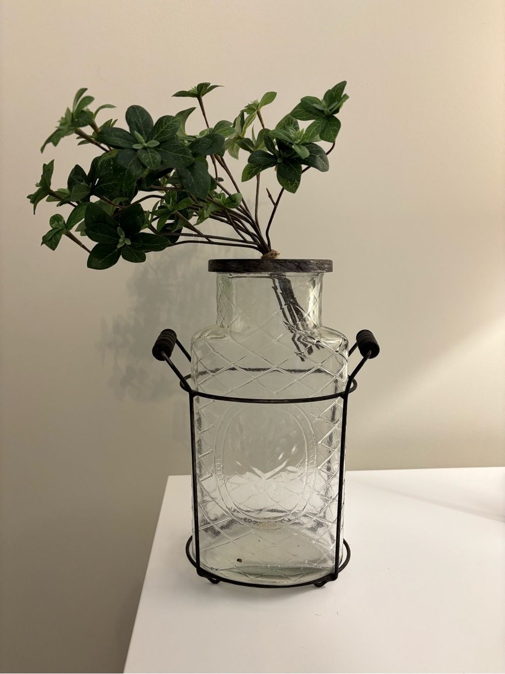 Creative Co-Op Clear Glass Vase with Metal Frog Lid Black Metal Holder